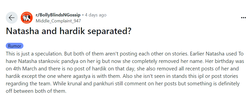 Post on Reddit regarding Hardik-Natasha's divorce went viral